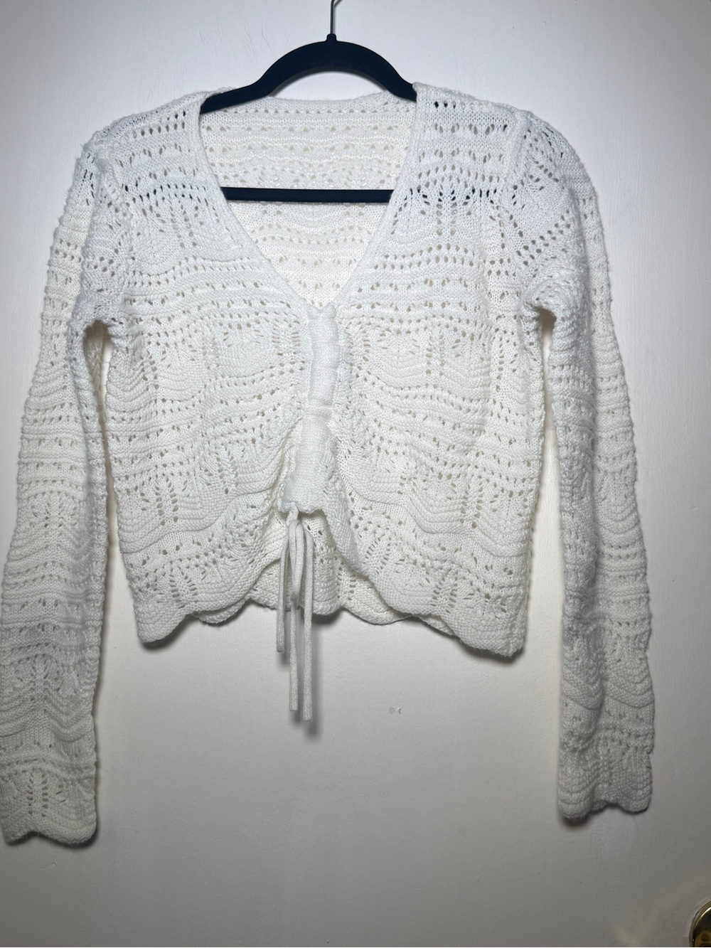 White Crochet Knit Tie-Front Cardigan Medium Cottage Core Bella Swan Festival
